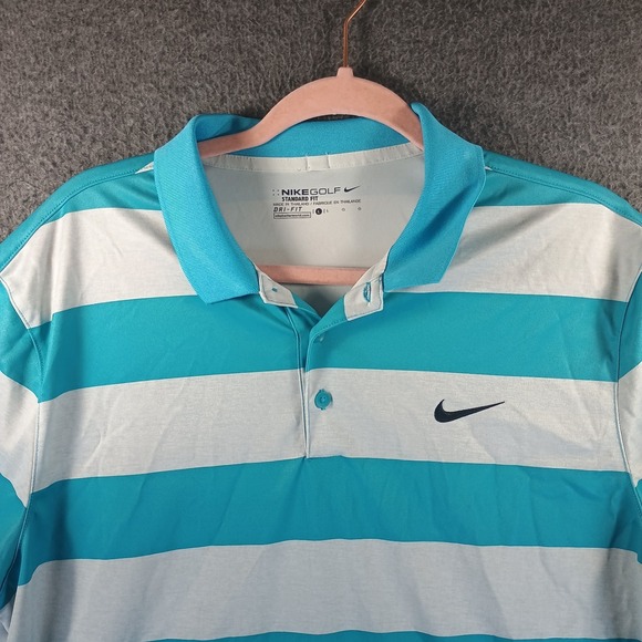 Nike Golf Polo Shirt Mens L Standard Fit Blue Striped Swoosh Logo Lighwieght - Picture 2 of 9
